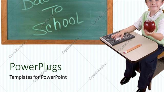  Presentation with back school education - Smiling young child sitting with an apple and back to school text