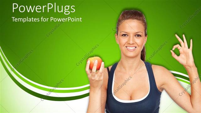  Presentation with gymnastics - Smiling young lady holds red apple in hand on green background
