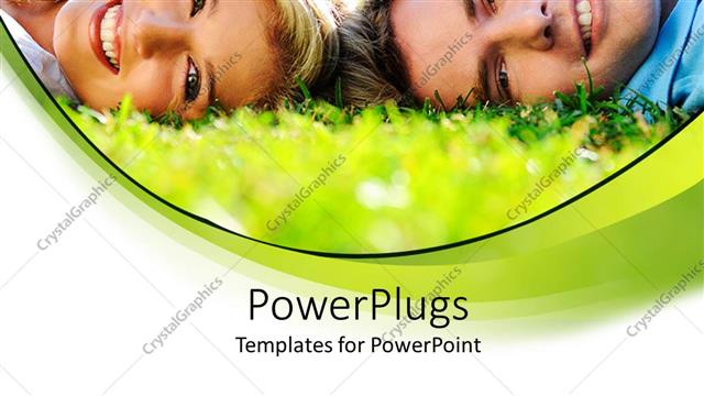  Presentation with heads - Smiling young man and woman lying in green grass with heads together