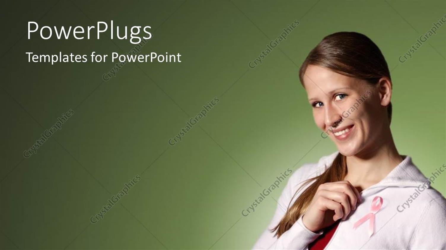 Featuring Smiling Young Woman Holds Breast Cancer Awareness Ribbon on Grey Background