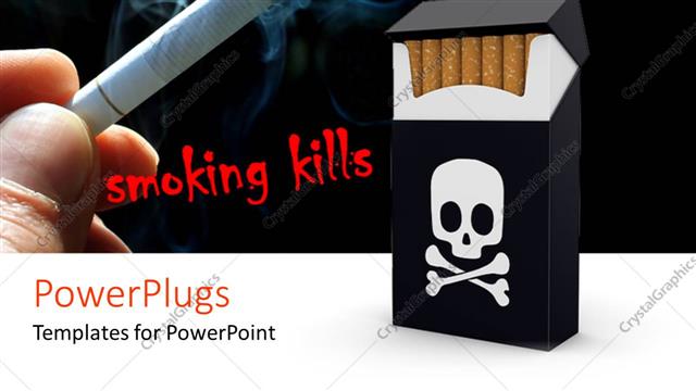  Presentation with smoking - Smoking kills banner with skull on cigarette pack and hand holding lighted cigarette?