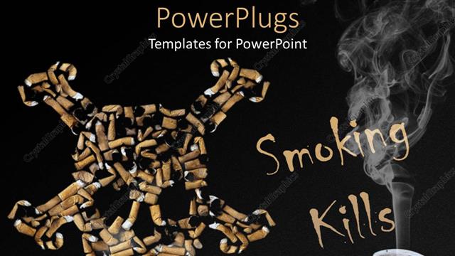  Presentation with cigarette - Smoking kills skull made of cigarettes, cigarette with smoke in ashtray on black background
