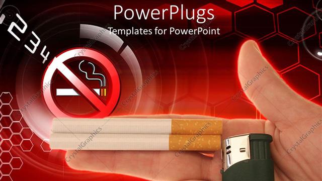  Presentation with cigarettes - No smoking sign, two cigarettes and lighter in man hand, hand with cigarettes and lighter depicting model of a gun