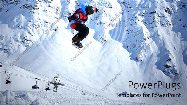  Presentation with boarder - Snow boarder jumping over lots of snow with mountains behind