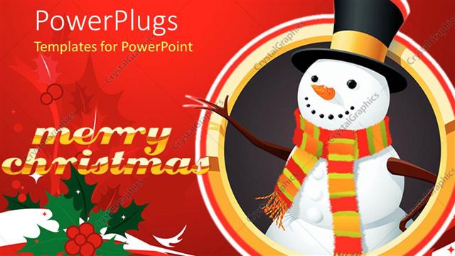  Presentation with top hat - Snowman wearing colorful striped scarf and black top hat with gold band on holiday background