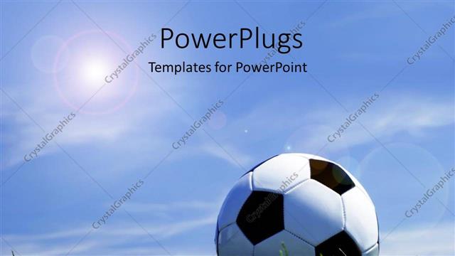  Presentation with football blue - Soccer ball on grass depicting sports concept with beautiful blue sky