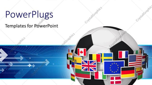  Presentation with football blue - Soccer ball surrounded with group of color world flags with arrows on blue background