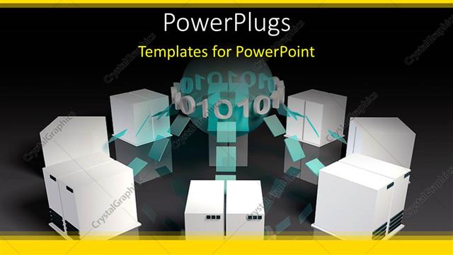  Presentation with servers - Eight white colored media servers joined with arrows