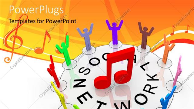  Presentation with social - Social network depiction with people forming circle around 3D music symbol