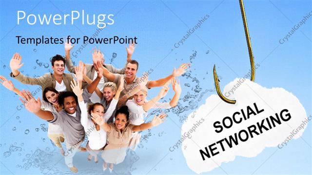  Presentation with fishing - Social networking sign hangs on fishing hook with people waving