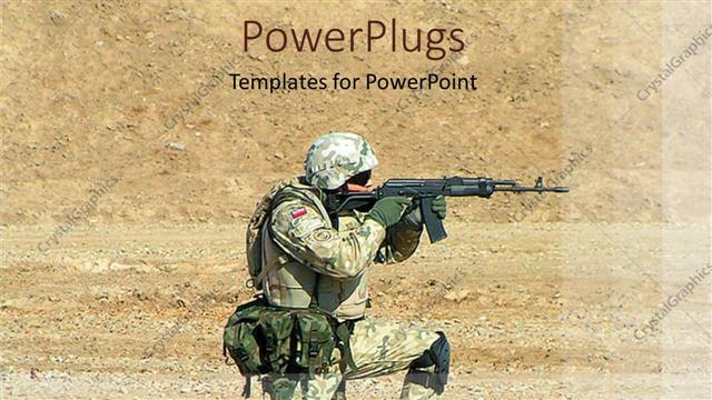  Presentation with positioning - Soldier with a gun, positioning and aiming in a desert