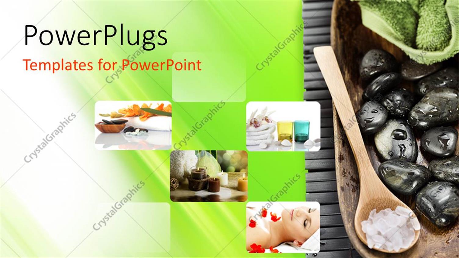 Featuring Collage of Spa Collection on Green Background with Spa Stones and Towel