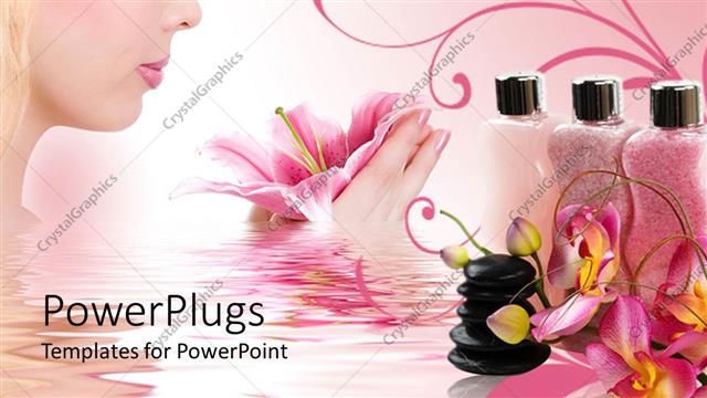  Presentation with flower woman - Spa stones, pink lotion tubes and woman holding beauty flower