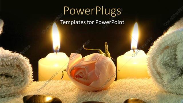  Presentation with white candles - Spa table with stones on white towel and two lighted candles