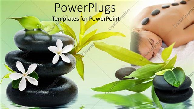  Presentation with relaxing - Spa theme with black relaxing spa stones white flowers and green bamboo leaves, woman laying on a soft spa bed with stones on her back
