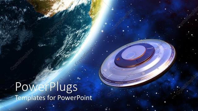  Presentation with ufo - Spaceship orbiting Planet Earth in space, UFO near Earth unidentified flying object flying in space closing to Earth