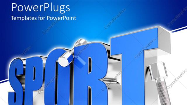 Presentation with sport blue - Sport written in Text capitalized in blue color, 3 dumbles in silvery whitish color