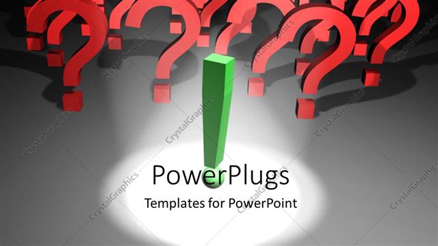  Presentation with spotlight - Spotlight on green exclamation mark with question mark symbols in background