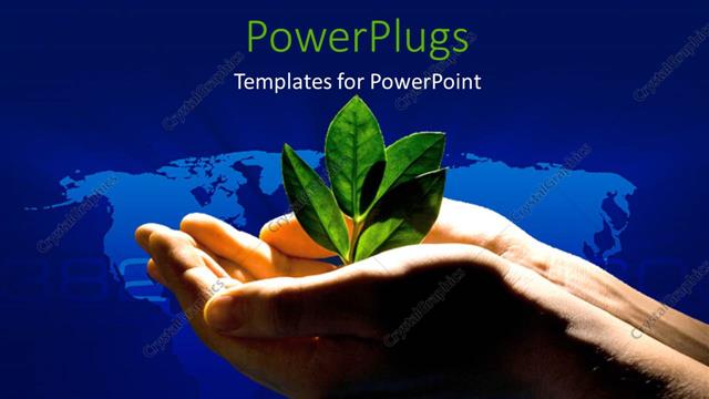  Presentation with sprouting plant - Spotlight shining on plant sprouting from earth in man hand over world map