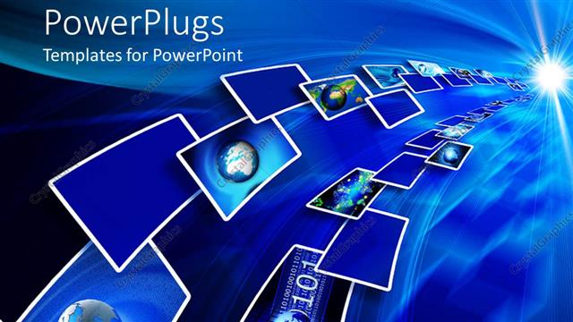  Presentation with blue squares - Squares depicting globes, computer data, blue background