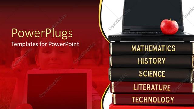  Presentation with apple - Stack of books with black laptop and red apple on top