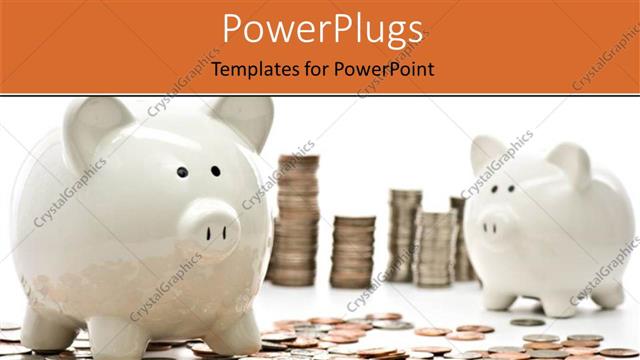  Presentation with piggy bank - Stack of coins and coin littered on white surface beside piggy bank