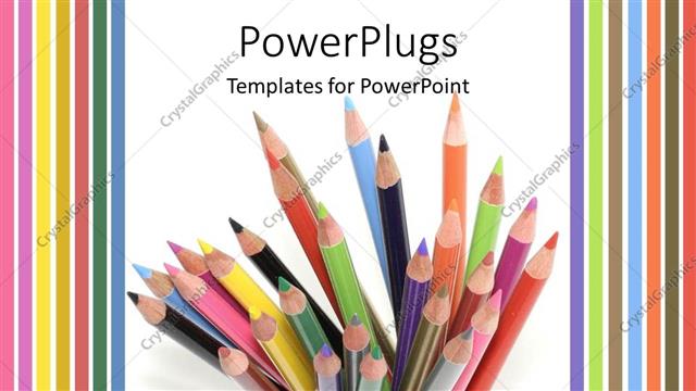  Presentation with colored pencils - Stack of colored pencils on white background framed by colorful stripes