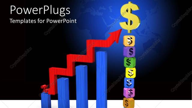  Presentation with growth chart - Stack of colorful blocks with a $ symbol and blue bar chart