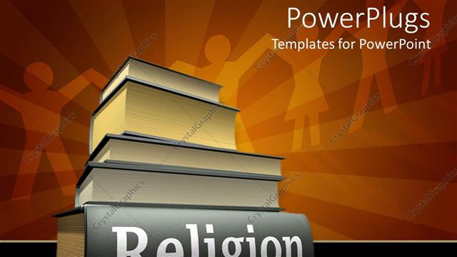  Presentation with orange - Stack of five heavy religious texts on orange background