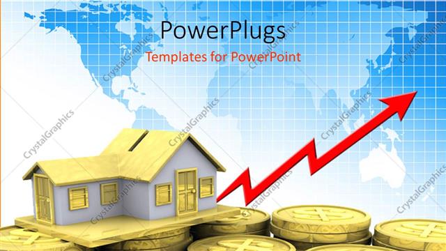  Presentation with real estate - Stack of golden coins with a house model and red arrow upward and world map
