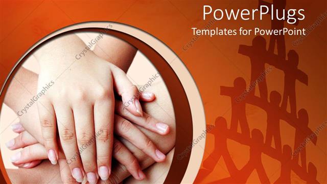  Presentation with teamwork cooperation - Stack of hands depicting teamwork and cooperation and tower made of figures in the background