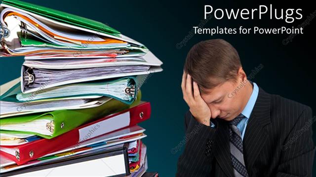 Presentation with stress - Stack of multi colored folders with a frustrated man