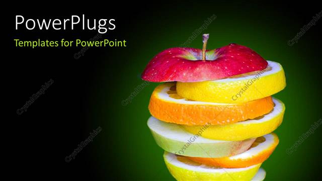  Presentation with lemon - Stack of orange lemon, and apple slices on green background