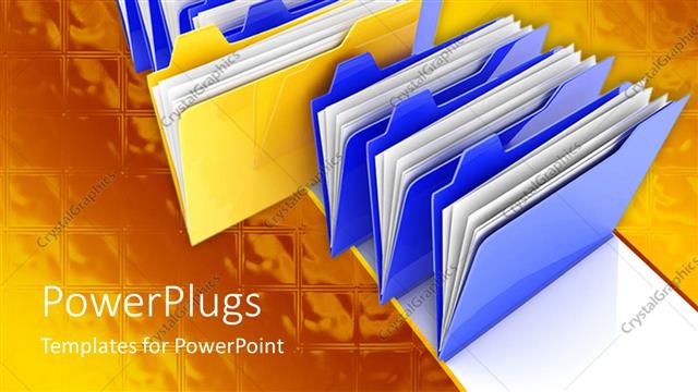  Presentation with file folder - Stack of seven blue files with a yellow file in the middle