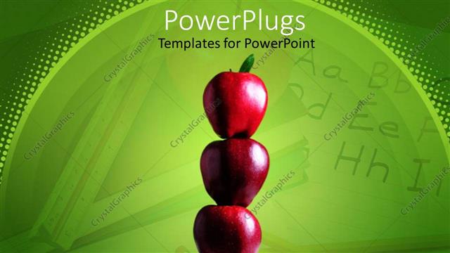  Presentation with green apples - Stack of three red apples on the middle of opened book and letters in the green background