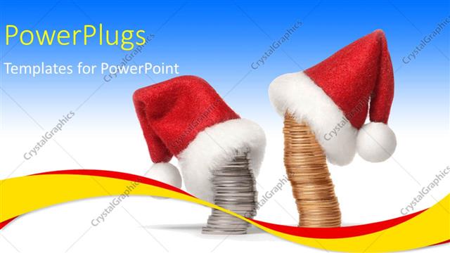 Presentation with investments - Stacks of gold and sliver coins wearing a Christmas cap