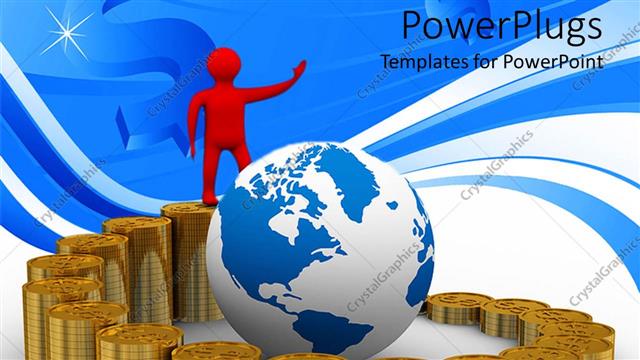  Presentation with red globe - Stacks of golden coins with a red character and an earth globe