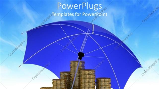  Presentation with under umbrella - Stacks of golden coins under a blue opened umbrella
