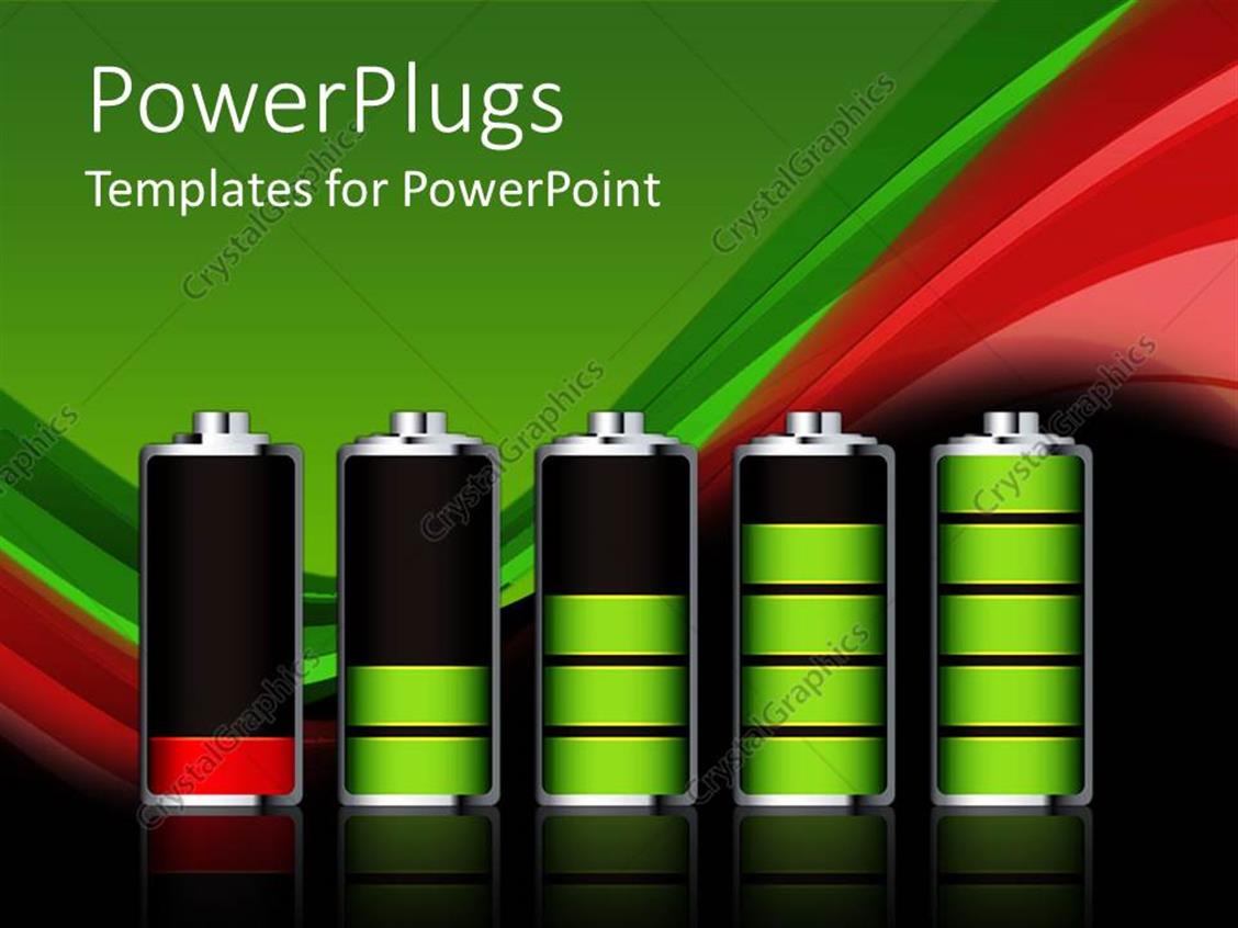 PowerPoint Template stages of battery charging from low to full with