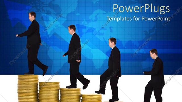  Presentation with climbing stairs - Staircase made of stacks of golden coins with businessman climbing