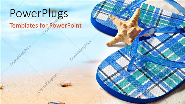  Presentation with starfish - Starfish between colorful flip flops sitting on sandy beach