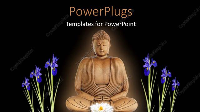  Presentation with buddha - Statue of Buddha?in meditation with blue iris flowers on either side?