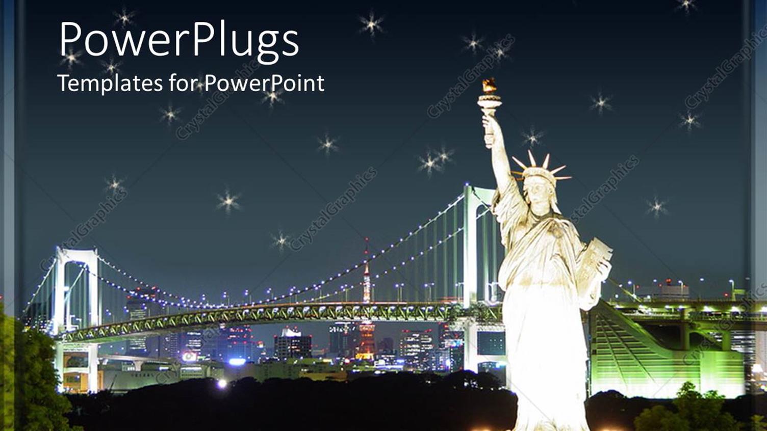 Featuring Statue of Liberty at Night with Bridges and City Skyline