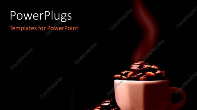  Presentation with smell - Steaming coffee cup and saucer?filled with?coffee beans over black bbackground??