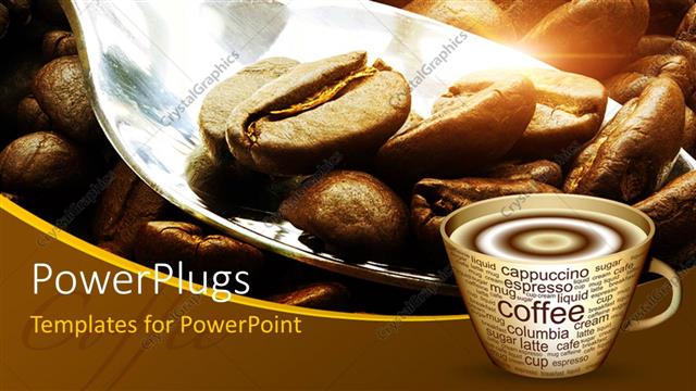  Presentation with beans - Coffee beans in large spoon with steaming cup of coffee