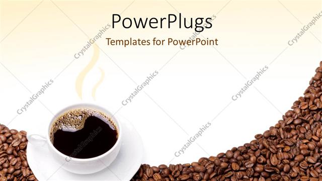  Presentation with grains - Steaming cup of coffee and saucer on brown grains?