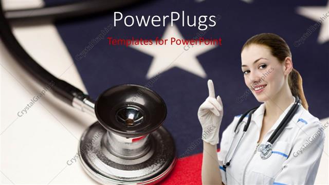  Presentation with surgical gloves - Stethoscope on American flag with beautiful nurse in surgical gloves