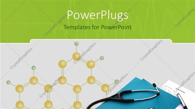  Presentation with molecular - Stethoscope on blue folder with pen on molecular diagram