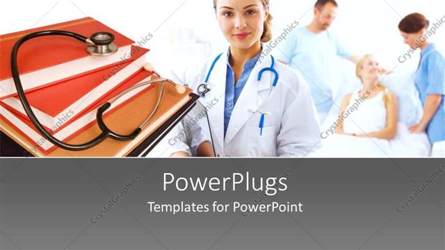  Presentation with medical book - Stethoscope on book pile with nurse and patient on sick bed