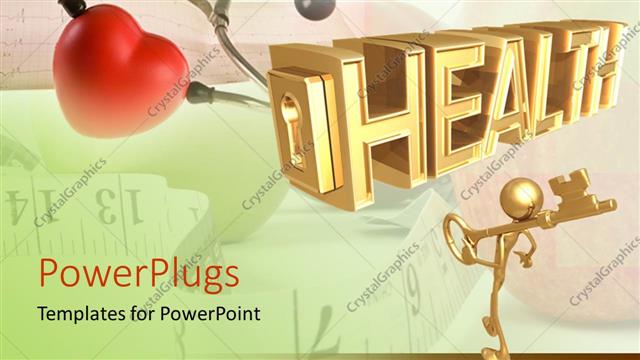  Presentation with red gold - Stethoscope examining red apple with man holding gold key to health?